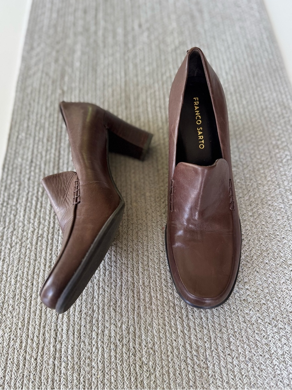 Franco Sarto Brown Leather 90s Minimalist Block Heel Loafers Size 8
